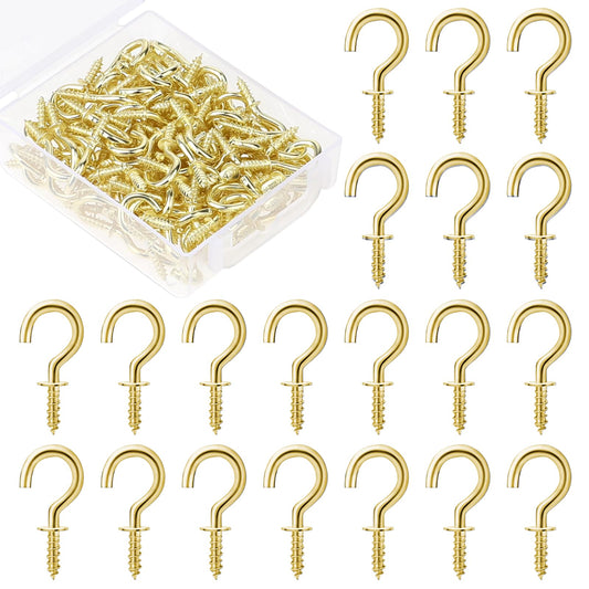 KALIONE 120 Pieces Screw-in Cup Hooks Small Eye Hooks 1/2 Inch Metal Key Hanging Hooks Home Kitchen Ceiling Wall Outdoor String Lights Plants Hooks with Storage Box for Hanging (Gold)