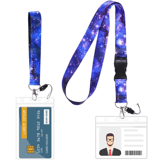 Lanyard with Card Holder,2 Sets Galaxy Lanyards with Waterproof Card Case Clear ID Badge Holder Vertical Horizontal PVC Badge Holder for Teachers Offices Keys Credit Card Wallet(Neck Strap&Wristband)