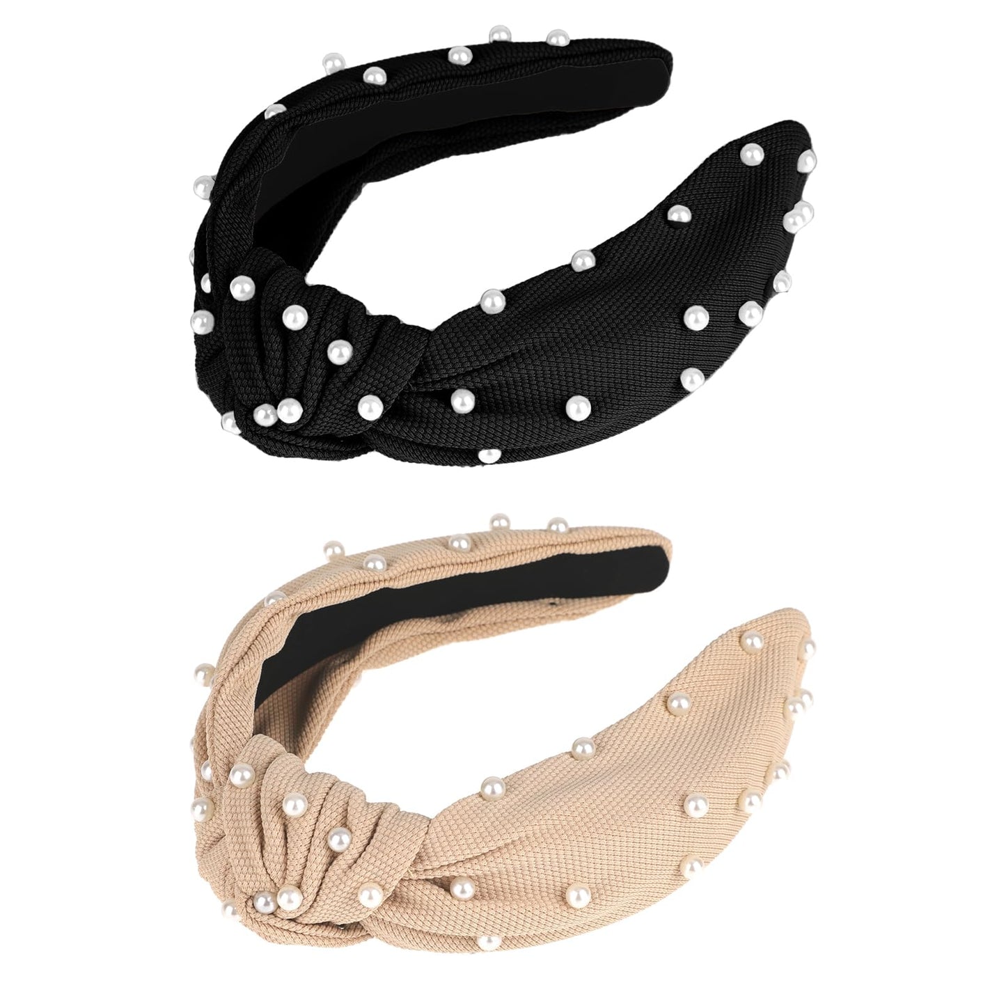 Top Knot Pearl Headbands for Women, 2 Pack Cute Beaded Headband Elegant Knotted Hairband Boho Thick Bow Head Bands Wide Yoga Hair Band Non Slip Elastic Hair Accessories for Girls(Black/Khaki)