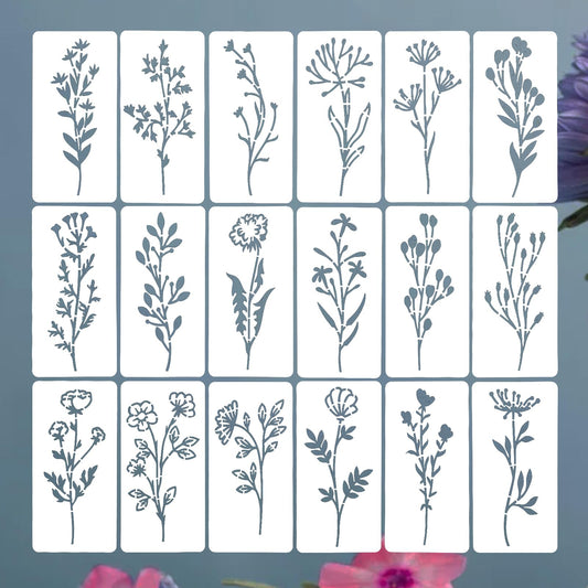 Flower Stencils for Painting 18Pcs Reusable Stencils, 15x7.5cm DIY Art Painting Template, Stencils for Painting on Wood, Wild Flower Template for Wood, Wall, Furniture, Scrapbooking