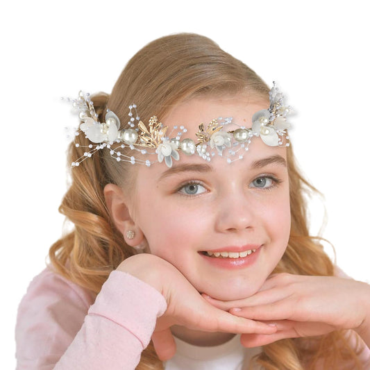 Flower Girl Headpiece Rhinestone Pearl Headband Flower Crystal Headpiece Flower Girl Hair Accessory Flower Girl Tiara Communion Wedding Headpiece Gold Headband for Wedding Prom