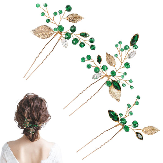 Bride Green Crystal Hair Pins,3 Pack Bride Wedding Hair Pins Vintage Gold Leaf Vine Hairpins Emerald Green Crystal Hair Pieces Green Rhinestones Hair Clips Bridal Hair Accessories for Women and Girls