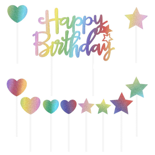 11 Pcs Color Flash Happy Birthday Cake Topper, Glitter Birthday Party Cake Decoration, Star Cake Topper, Heart Cake Topper, Birthday Cupcake Topper for Birthday Anniversary Baby Shower Party