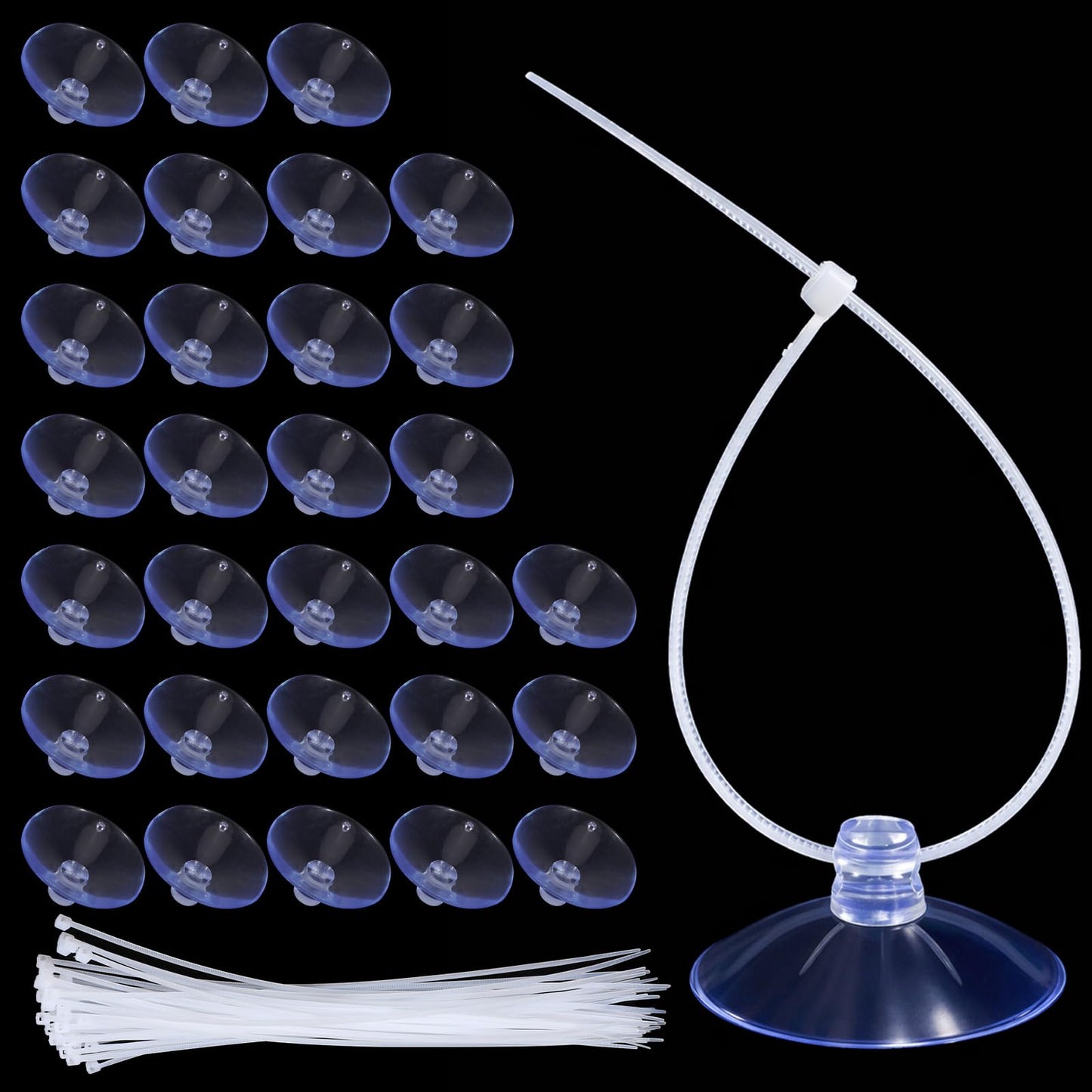 Xelsluthe 30PCS Aquarium Suction Cups 35mm Mini Suction Cups with 50PCS Adjustabletransparent Zip Ties Fish Tank Suction-Cups Small Sea Sucker Suction-Cup for Plants, Planter, Binding Moss, Window
