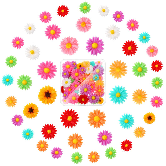 KALIONE 50pcs Flower Cabochons Resin Daisy Charms Tiny Daisies Flower Embellishment, 10 Color Peony Flatback Cabochons with Storage Box for Scrapbooking Phone Case Decor Hair Accessories