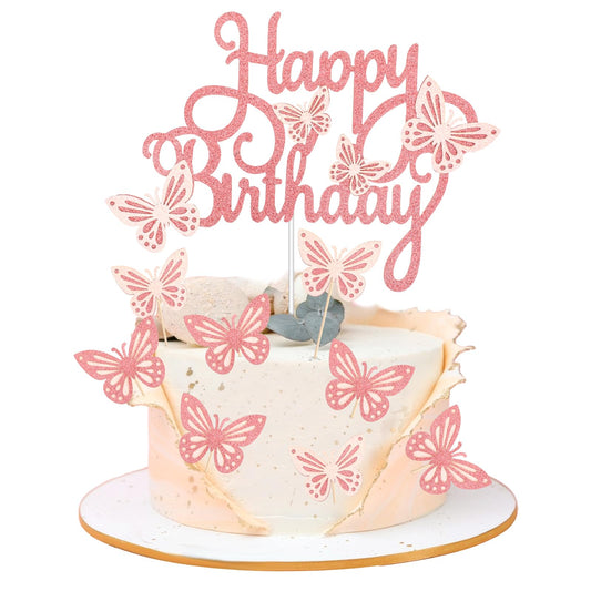 13pcs Butterfly Happy Birthday Cake Toppers Pink Butterfly Theme Cake Cupcake Toppers Happy Birthday Cake Decorations Decorative Butterflies for Girls Women Birthday Wedding Party Fairy