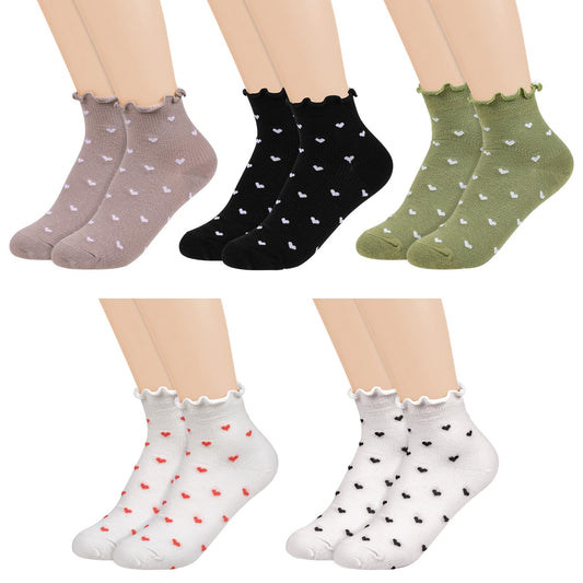 KALIONE 5 Pairs Women Heart Socks Cute Ruffle Socks Frilly Socks Heart Ruffled Ankle Socks for Women, Cotton Knit Lettuce Trim Socks for Women Girl, Soft Breathable Womens Fancy Casual Socks
