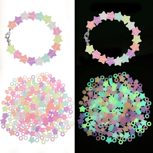 Pack of 220 Glow in the Dark Beads for Bracelets, Luminous Stars, Star Beads for DIY Jewellery Making, Hair Braiding, Bracelets & Necklaces (Multi-Colour)