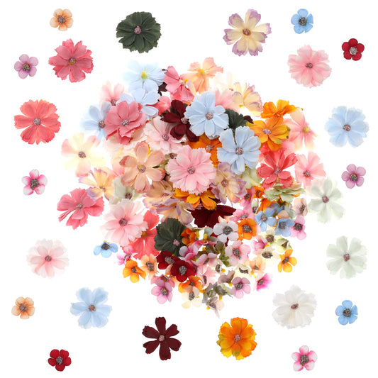 InnoHHustle Mini Artificial Flowers for Decoration, 120 Pieces Multicolor Small Fabric Silk Fake Rose Daisy Peony Wildflowers Heads Garland Decoration for Home Wedding DIY Crafts Making