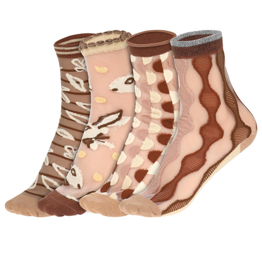 KALIONE 4 Pairs Women Sheer Socks, Elastic Floral Silk Sheer Socks Ultra-Thin Mesh Lace Socks Transparent Jacquard Socks for Women Girls
