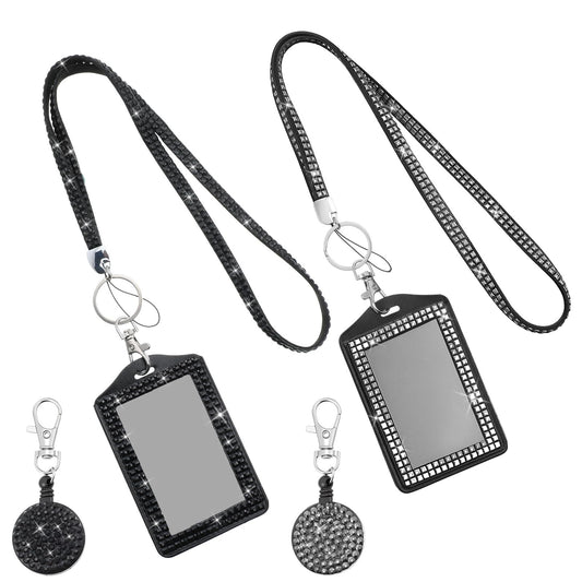 2 Sets Bling ID Card Holder Vertical Badge Holder Glitter Lanyard ID Badges Retractable Bling Crystal Card Holders Lanyards Name Badges Portable Rhinestone Work Badge Reel Clip for Nurse Teacher