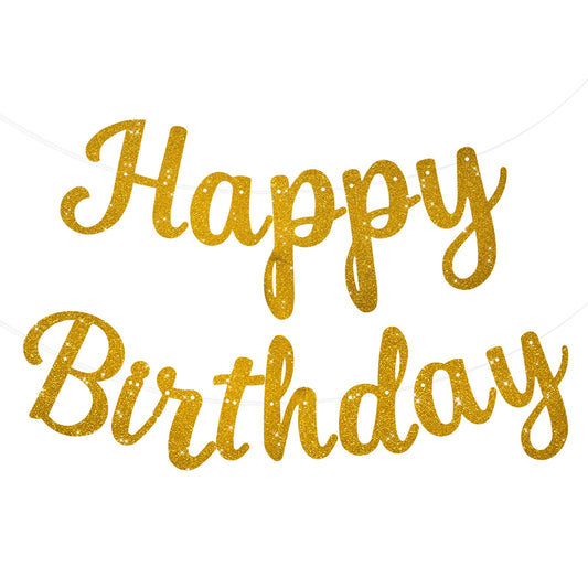 Gold Glitter Happy Birthday Banner, Pre-Strung Happy Birthday Backdrop Garland Sign Resuable Happy Birthday Banner Decorations with String for Women Girls Kids Birthday Party Decorations, No DIY