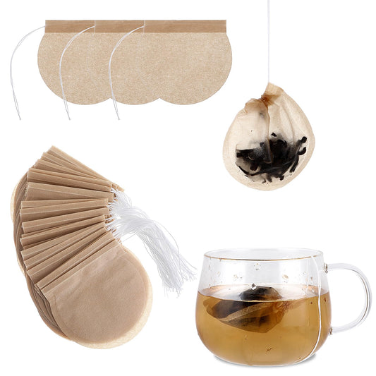 Trinkrittey 100pcs Paper Round Tea Bags, Drawstring Tea Filters for Loose Leaf Tea, Spices, Coffee, Soup, Herbal Tea, Foot Bath Bags