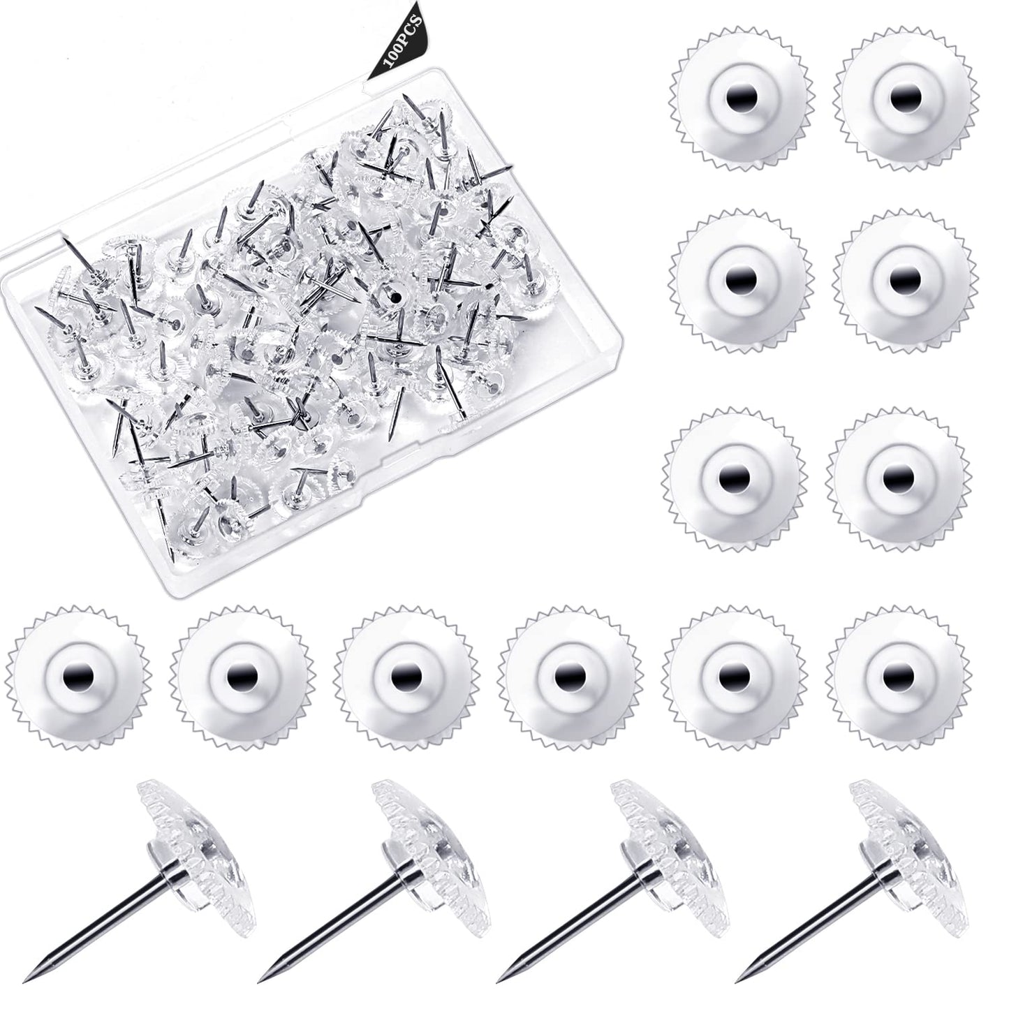 100 Pcs Plastic Tacks Clear Pins Plastic Push Pins Round Head Thumb Tacks Transparent Push Pins for Wall Hangings Cork Board Fabric Posters Photos Office Maps Decoration