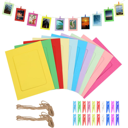 KALIONE 20 Pcs Photo Frames with Clips and Jute Twine Kit Colorful DIY Clip Photo Holders 4"x6" Paper Picture Frames Paper Photo Frames Cardboard for Home Office School Party