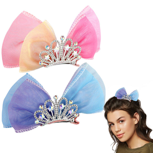 2 Pcs Princess Hair Clips Crown Hair Clips, Bow Hair Clips for Girls Crown Hair Clips, Hair Bows for Girls, Hair Barrettes Metal Hair Clips, Ribbon Hair Barrettes Princess Hair Styling Accessories