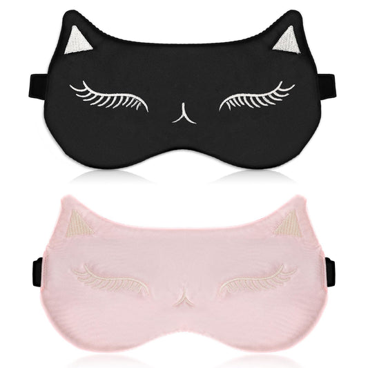 2 Pieces Cute Cat Sleep Mask for Kids, Adjustable Eyeshade Mask Cartoon Kitty Blindfolds Lightweight Kids Silk Sleeping Eye Cover for Girls Boys Women Men Travel Nap Sleeping Supplies