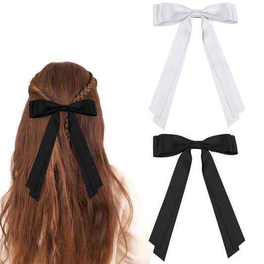 Hair Bows, 2 PCS Oversized Long-tail Silky Satin Hair Ribbon Clips Ponytail Holder with Metal Alligator Clips Elegant Cute Hair Bowknot Barrettes Hair Accessories for Women Girls (White & Black)