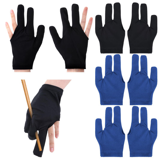 8 Pcs Billiards Pool Gloves for Left Hand, 3 Fingers Snooker Cue Sport Gloves, Breathable Pool Billiard Gloves for Women Men, Show Gloves for Women Men (Black, Navy Blue)