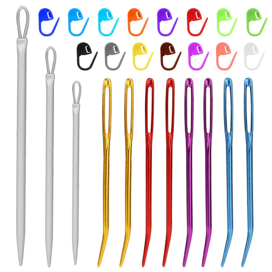 26PCS Large-Eye Blunt Needles Kit Yarn Darning Tapestry Needles Colorful Aluminum Sewing Knitting Needle with Stitch Markers, Darning Wool Needles Sewing Needles for Hand Sewing Work Craft Embroidery