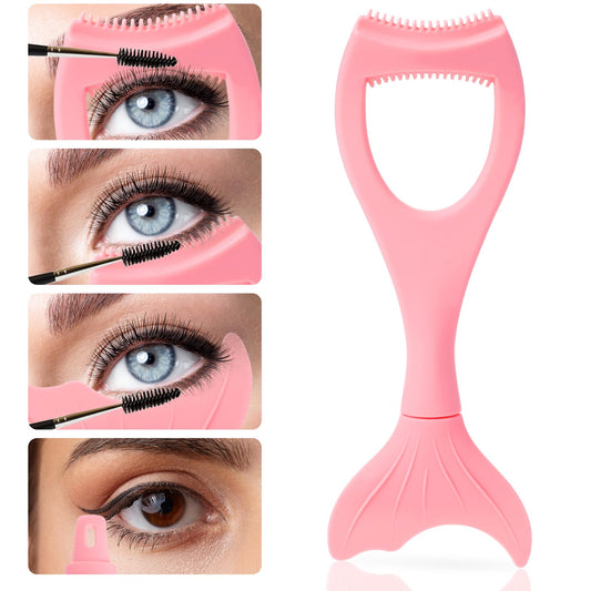 3 in 1 Mermaid Mascara Shield Silicone Eyelash Applicator Guard Reusable Eye Makeup Tool with Eyeliner Template Eyelash Separator Tool Eyelash Comb Eyeshadow Auxiliary Tool for Women, Detachable(Pink)