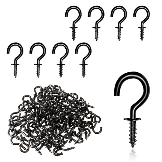 KALIONE 100 Pack Black Small Hooks, Small Screw Hooks, Small Hooks for Hanging, Tiny Screws in Hooks, Metal Ceiling Screw Hooks, Black Ceiling Hooks for Hanging Plants, Screw-in Cup Hooks Kit, 0.5 in