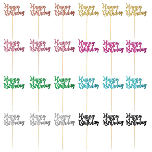 24 Pcs Birthday Cupcake Toppers Happy Birthday Cake Toppers Picks Glitter Happy Birthday Sign for Cake Decorations Supplies for Birthday Party