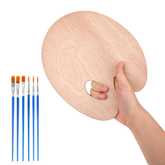 7 Pcs/Set Wooden Paint Palette with Paint Brush, 11.6x7.9inch Painting Palette Paint Tray Thumb Holder Trays for Artist Round Flat Paintbrushes for Acrylic Watercolor Oil Paint DIY Art Craft Painting