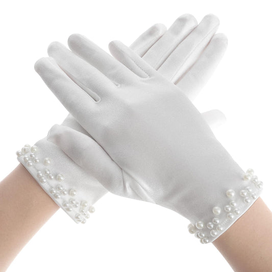 Trinkrittey White Gloves Women Pearl Short Satin Gloves White Women's Uniform Gloves Wedding Tuxedo Gloves for 1920s Fashion Accessories Floral Tea Party