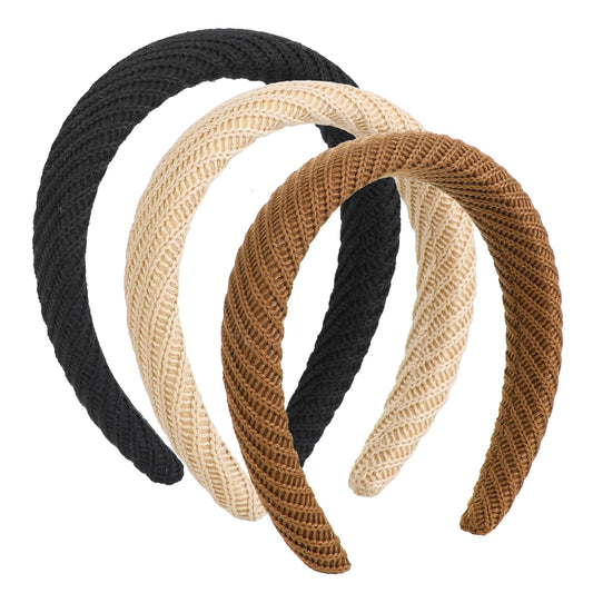 3 Pcs Thick Knitting Padded Headbands for Women, Black Brown Khaki Knit Headbands for Women, Chunky Yarn Head Bands for Women's Hair, Hair Accessories for Women