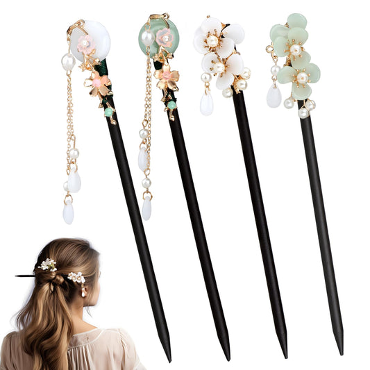 4 Pack Chinese Flower Wooden Hair Sticks for Buns Hair Chopsticks Pins Japanese Retro Tassel Wooden Hairpins Traditional Wood Hair Pins for Women Girls Long Hair