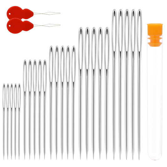 Large Eye Sewing Needles,25 PCS Stainless Steel Embroidery Needles with 2 PCS Needle Threaders Yarn Needle Cross Stitching Needles for Hand Sewing (5 Sizes)