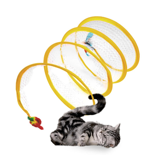 Folded Cat Tunnel for Indoor Cats, Cat Tunnels Cat Tube Tunnel with Feather Mouse Toys, Puppy Kitten Playing Tent, Upgrade Collapsible Cat Tube Tunnel, Cat Springs Exercise Toys