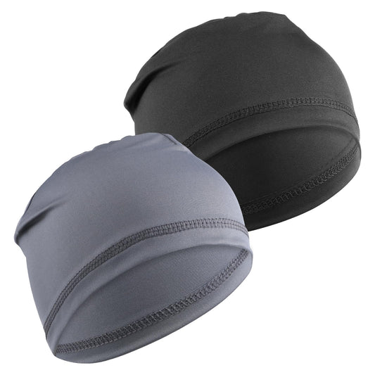 Xelsluthe 2 Pcs Skull Caps Beanie, Men Skull Caps Helmet Liner Sweat Wicking Cap Multifunctional Sleep Hats for Cycling Sports Black Grey