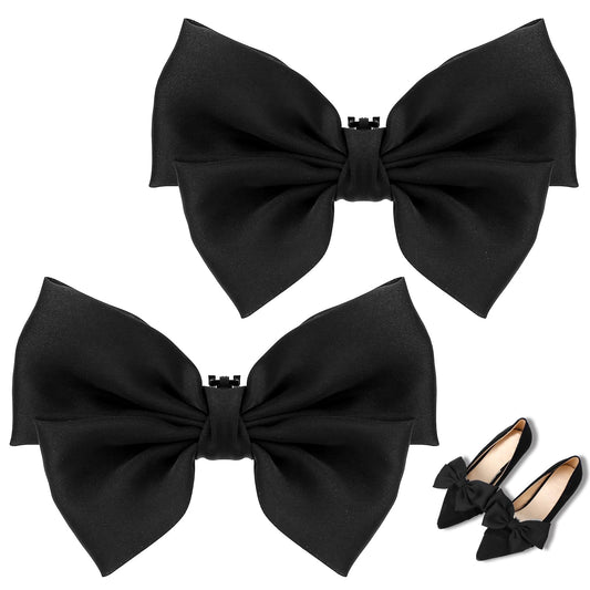 KALIONE 2 Pieces Decorative Shoe Clips Handmade Bow Knot Shoe Charms Removable Satin Shoe Bow Buckle Clips Wedding Party Outfit Accessories for Women Girls Dress Shoes Pumps Flats High Heels(Black)