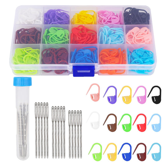 KALIONE 315 Pcs Stitch Marker Clips,15 Colors Crochet Stitch Markers with 15 PCS Metal Large Eye knitting needles,Knitting Stitch Markers,Crochet Clips for DIY crocheting knitting accessories supplies