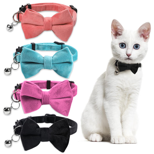 4 Pcs Safety Cat Bow Tie Collar with Bell Velvet Cat Collars Breakaway Pet Collar Adjustable Kitten Collars Small Puppy Collar for Wedding Birthday Party (Black, Purple, Blue, Pink)