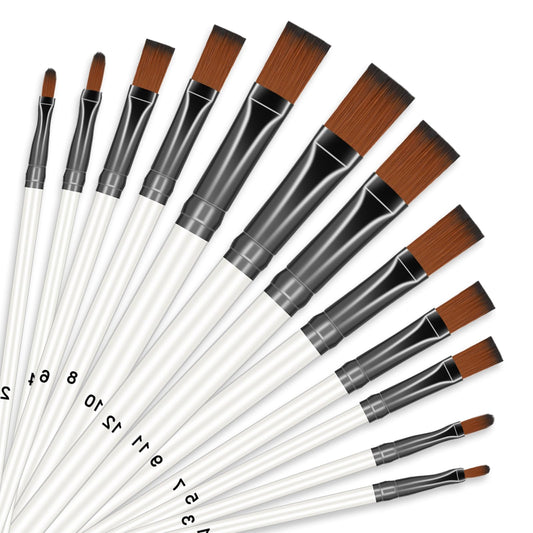 12Pcs Art Paint Brushes Set Flat Paint Brushes Acrylic Paint Brushes Nylon Professional Flat Brushes for Acrylic Painting Watercolor, Oil Painting, Face Body Nail Art, Crafts, Rock Painting