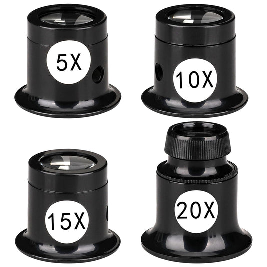 4Pcs Watchmaker Loupe, Jewelers Loupe, Eyeglass Magnifiers, 5X 10X 15X 20X Magnifying Glass Set, Jewellers Eyeglass Loupe for Sewing, Textile, Stamp Collection, Rocks, Jewelers