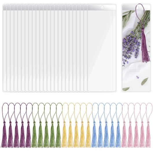 25Pcs Bookmark Sleeves Clear Plastic Bookmark Covers with Tassels Vinyl Book Marker Cover Holder for 2 x 6 Inches Photo Strips Wedding Valentine's Day Gift, Rectangle