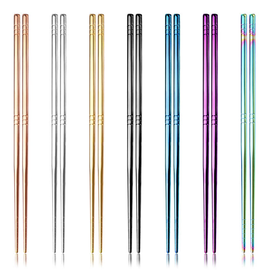7 Pairs Metal Chopsticks Reusable Stainless Steel Chopsticks Colored Multicolor Chop Sticks Non-Slip Square Chopsticks Rainbow Colorful Plating Chopsticks, Dishwasher Safe Chopsticks