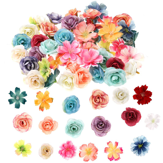 Faux Flower Heads Faux Fabric Flowers Small Rose Daisy Fabric Flowers Multicolor Small Silk Daisy Flower Heads Mini Silk Flower Heads for DIY Home Wedding Crafts Decoration(50pcs, colorful)