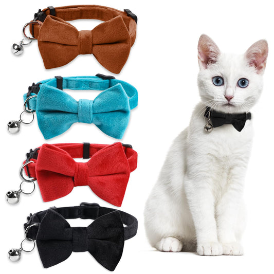 4 Pcs Bowtie Cat Collar with Bell Velvet Cat Collars Breakaway Safety Pet Collar Cute Detachable Kitten Collars for Small Puppy (Black, Red, Blue, Brown)