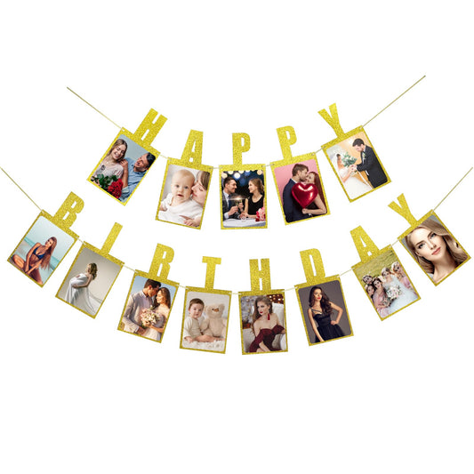 Happy Birthday Photo Banner, Golden Glitter Paper Birthday Decorations Photo Banner Milestones Birthday Party Decoration for Adults and Kids