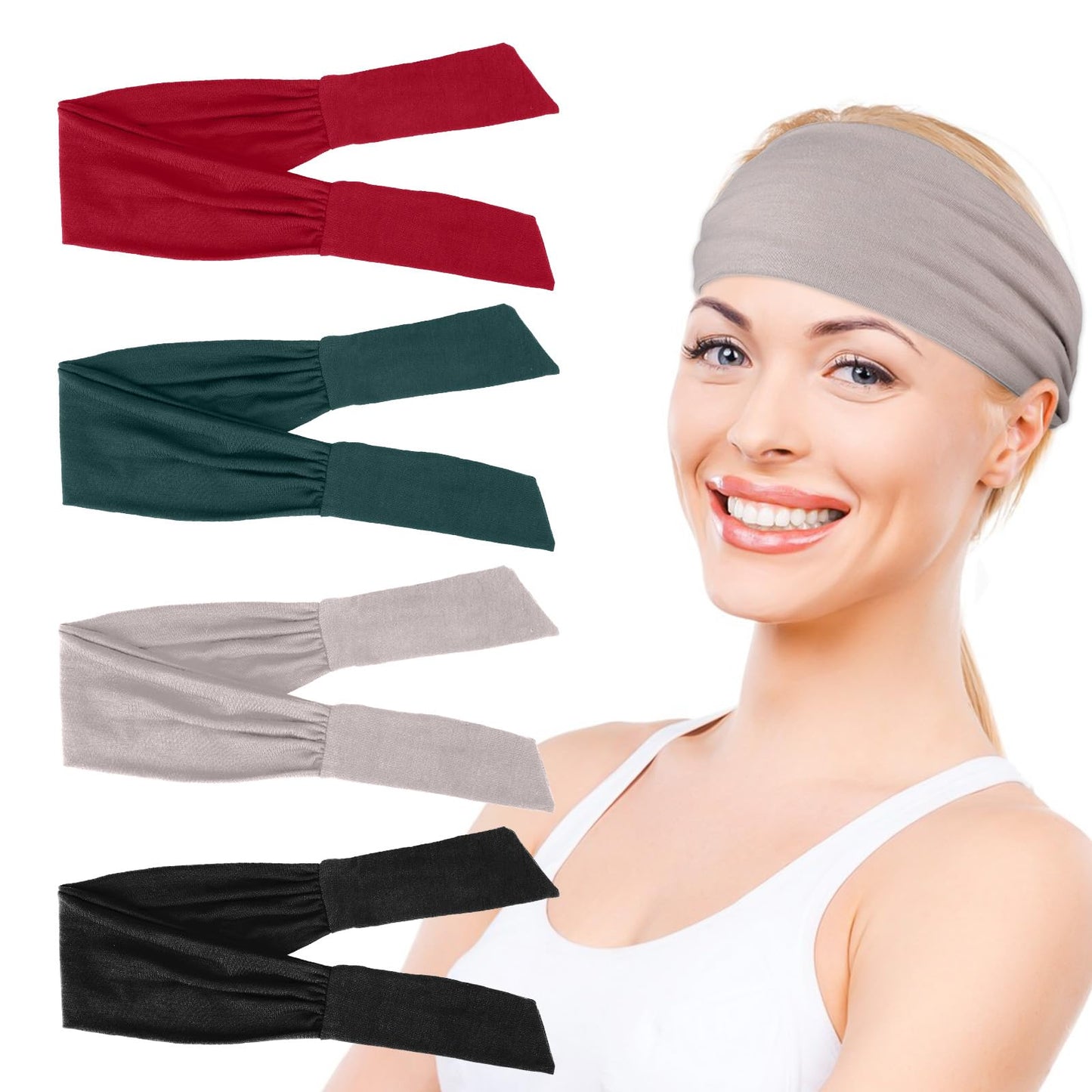 Women Headbands Wide Elastic Hair Bands Adjustable Headbands Tie Headband for Women Non Slip Knotted Headbands Head Scarves for Women, Elastic Headbands Soft Hair Bands for Yoga Sports Running(4 Pcs)