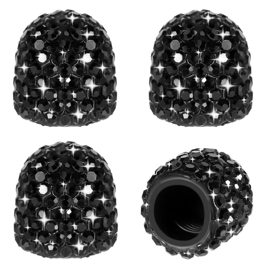4 PCS Tire Valve Stem Caps, Black Bling Crystal Tire Caps Universal Car Dustproof Tire Valve Covers Attractive Shinny Car Accessories for Cars SUVs Trucks Bikes Motorcycles
