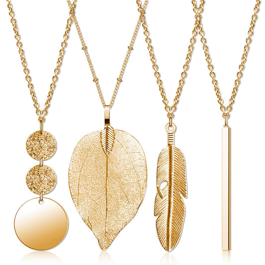 Long Necklaces for Women?4 PCS Boho Style Pendant Necklace Costume Jewellery Golden Bar Feather Circle Leaf Lock Tassel Y Necklace Jewelry Set Simple Statement Necklace for Sweater, Gifts for Girls