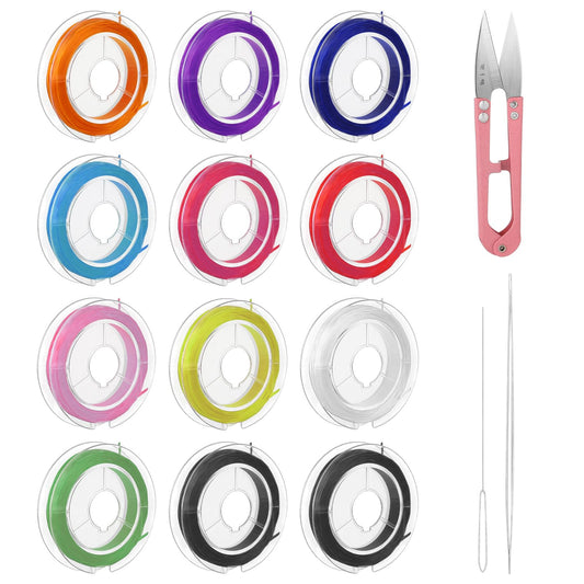 KALIONE 12 Roll Colorful Spandex Beading Thread 0.5 mm for Jewelry Making, Includes 2 Beading Needles and 1 Pair of Scissors