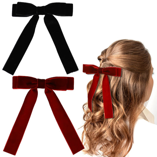 2 PCS Velvet Hair Bows, Handmade Bow Hair Ties Ponytail Holder Barrettes Elegant Hair Bow Claw Clips Bowknot Hairpin with Long Tail Back to School Gifts Headdress Hair Band Hair Accessories for Women