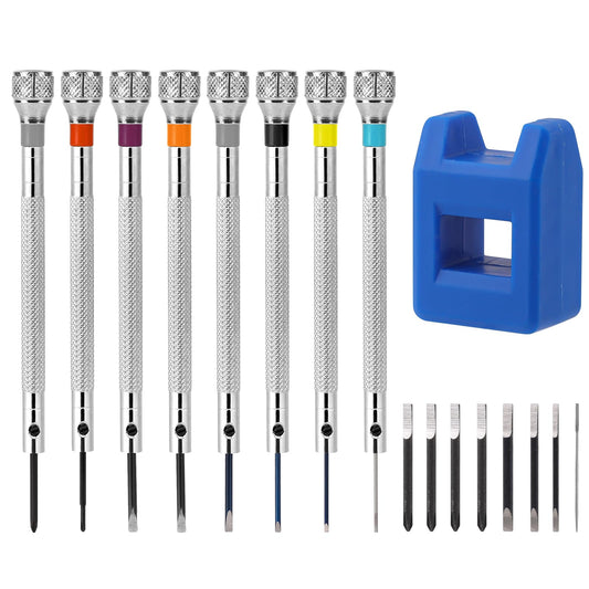 8PCS watchmaker screwdriver set with demagnetizer 0.6-2.0 mm Precision Screwdriver Set with 8Pcs Screwdriver Replacement Heads for Watch Eyeglasses Jewelry Repair